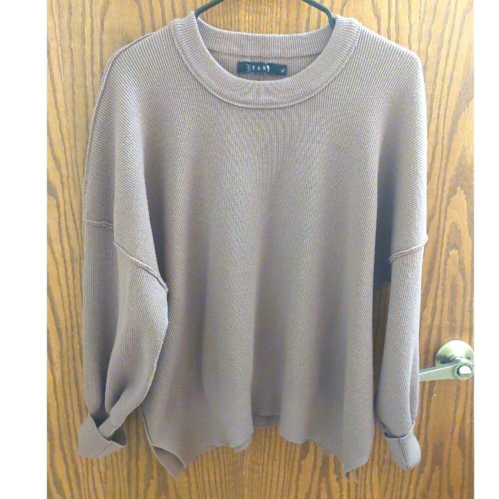 Efan Womens XL Taupe Ribbed Oversized Sweater Drop Shoulder Side Slit Pullover